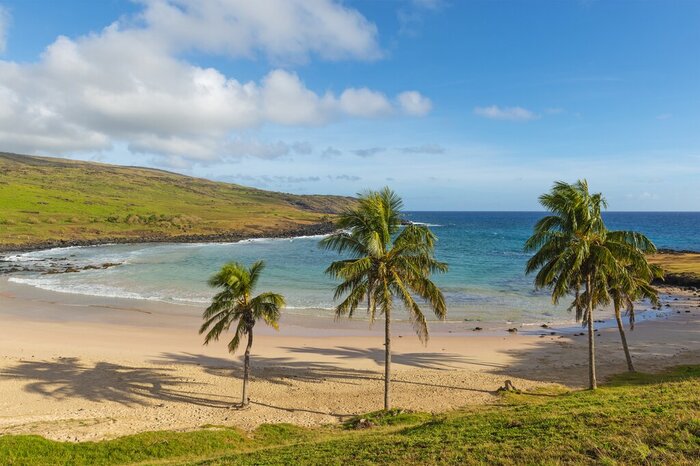 See the sands at Anakena Beach gleam pink (depending on the light) on a trip to Rapa Nui (Easter Island)