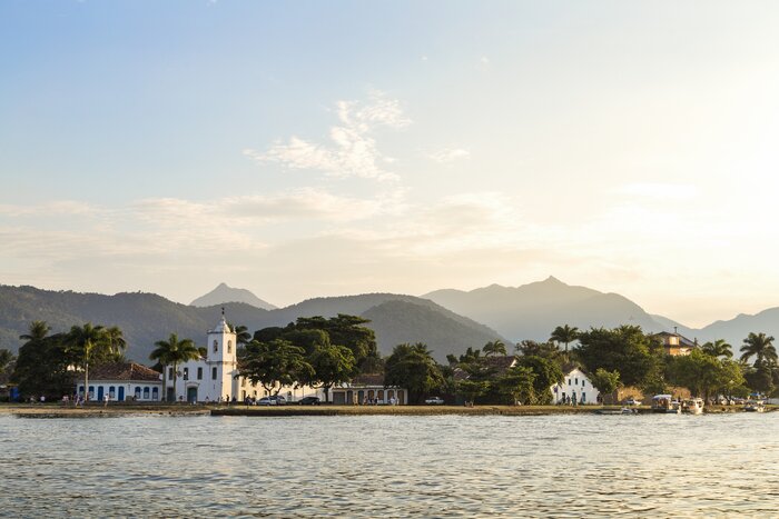 Aerial View of Brazil's Paraty Bay, home to isolated beaches and crystal clear waters
