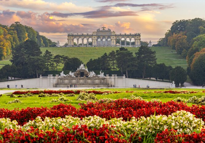 Visit the Gloriette Pavilion and Neptune Fountain of the Schönbrunn Palace to see the blossoming flowers
