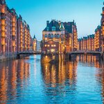 Hamburg's UNESCO-listed warehouse district at dusk