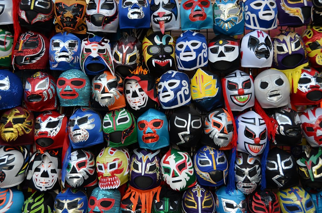 A display of colorful Lucha Libre masks