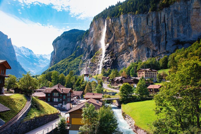 Lauterbrunnen village in the eponymous valley is known as the "valley of 72 waterfalls" in the Bernese Oberland