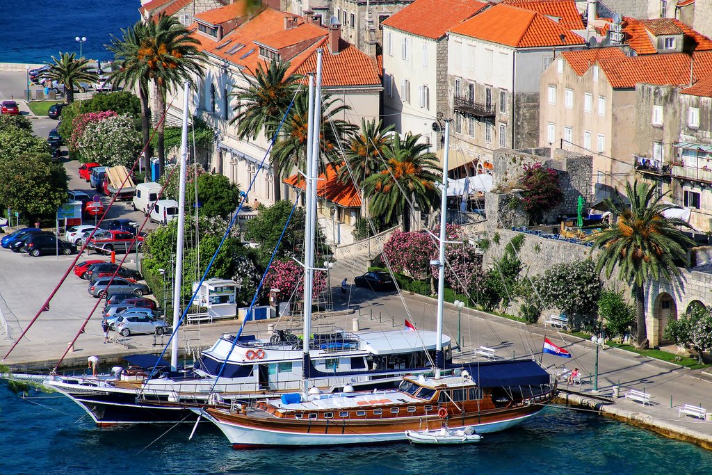 The colorful harbor of Korčula, Croatia