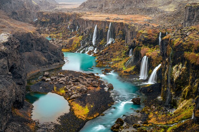 Fall adds a golden glow to Iceland Sigöldugljúfur canyon, the "Valley of Tears"
