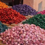 Vibrant-colored spices at a Moroccan market 