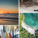 Photos from top left clockwise: Sunset at Tamarindo beach, Wildlife on Manuel antonio beach, aerial view of Manuel Antonio beach, Surf boards on Tamarindo