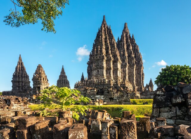 Wander the impressive temple complex of Candi Prambanan, Java in July