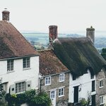 Drizzly weather on idyllic Gold Hill in Shaftesbury, Dorset England