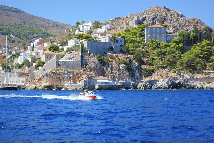 A scenic shot of the island of Hydra, part of the Saronic Islands
