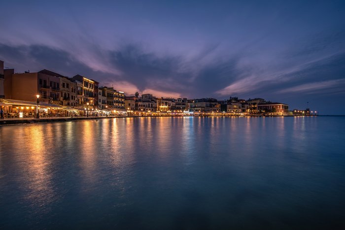 The old Venetian harbor of Chania at night