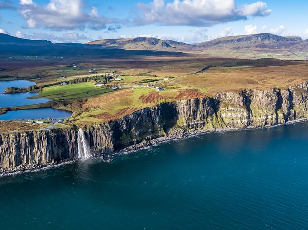 An aerial view of Kilt Rock waterfall on the Isle of Skye