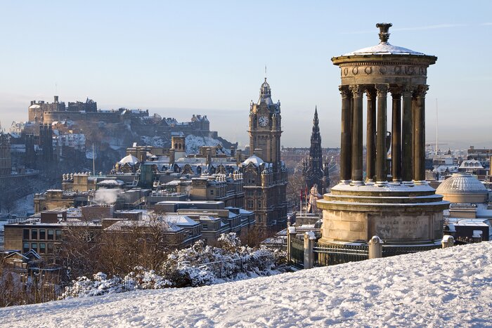 A snowy view of some of Edinburgh's most iconic structures