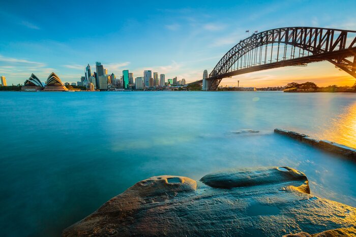 Sydney cityscape with Harbour Bridge and Opera House