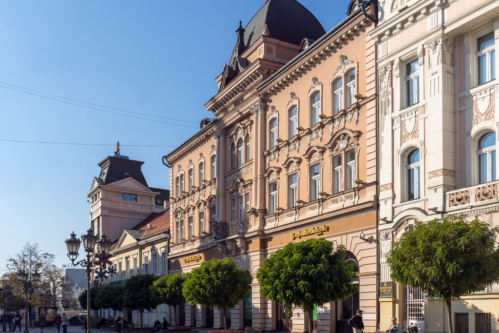 Pretty pastel-colored buildings of Novi Sad's main street