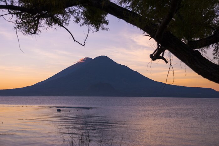 Lake Atitlán is surrounded by three volcanoes