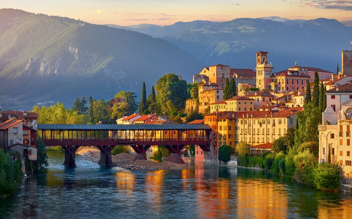 Bassano del Grappa is known for its covered bridge, Ponte Vecchio (or also called Ponte degli Alpini), spanning the Brenta River