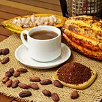 Hot brewed cacao drink, raw cocoa fruit, cacao beans, and caco nibs