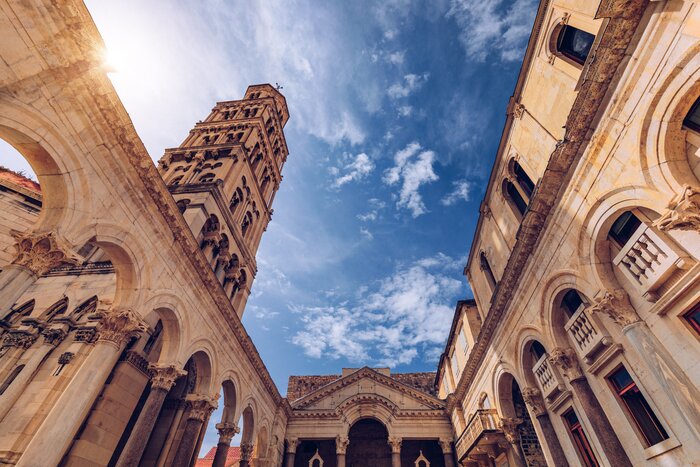Diocletian's Palace's peristyle in front of Cathedral of Saint Domnius' bell tower in Split, Croatia