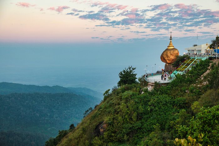 Kyaiktiyo Pagoda also known as Golden Rock is a well-known Buddhist pilgrimage site in Myanmar, Night view of Burmese pagoda, Golden rock, Balancing rock, Mon State, Burma, Myanmar.