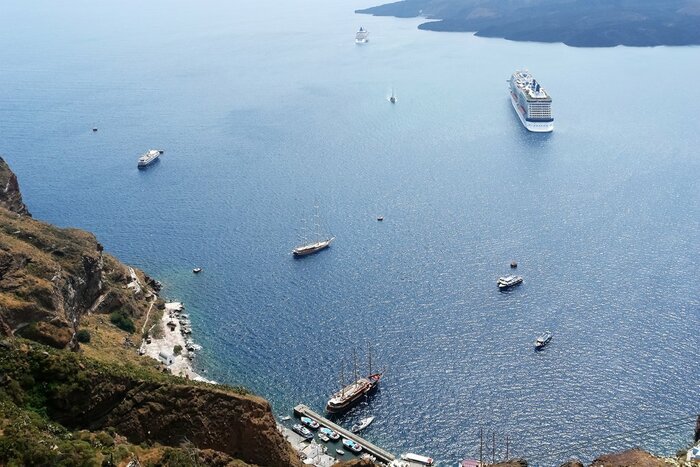 Boat in the Aegean Sea off the coast of Santorini