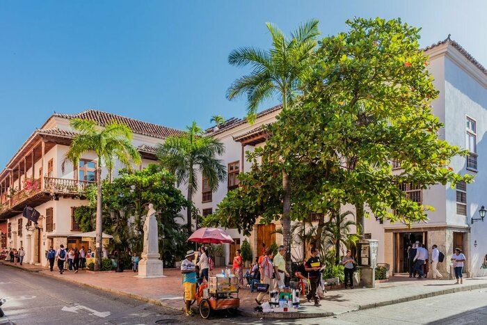 A colorful street corner in Cartagena, Colombia