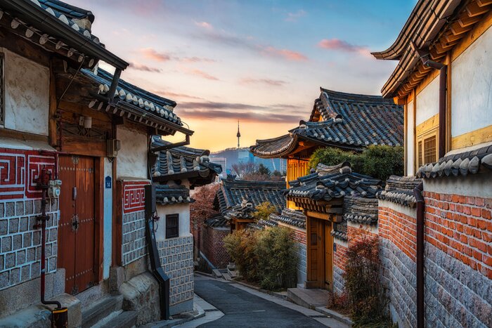 Discover the restored traditional houses of Bukchon Hanok Village in Seoul in November