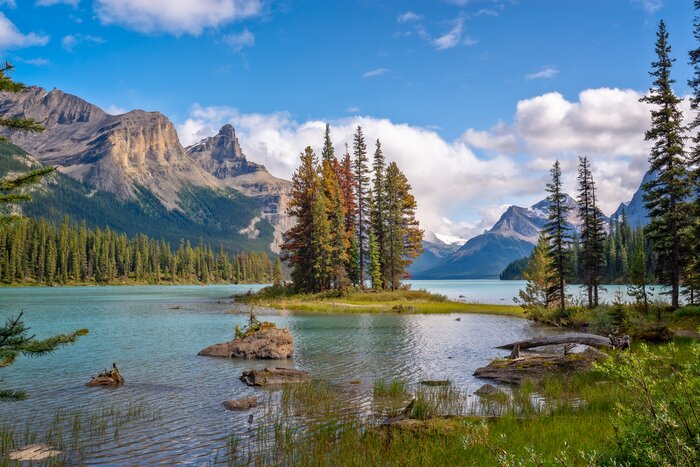 Spirit Island, located in Maligne Lake in Jasper National Park, Alberta, is one of the most photographed spots in the Canadian Rockies