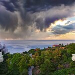 A stunning viewpoint in the village of Palaios Panteleimonas that overlooks the Aegean and foot of Mount Olympus