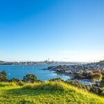 View of the Auckland skyline and volcanoes of Devonport from the North Head mountain, Devonport