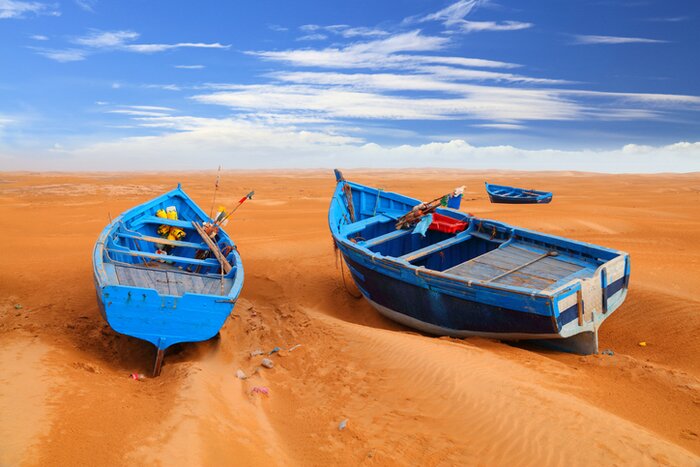 Colorful boats beached in Essaouira, on Morocco's Atlantic coast