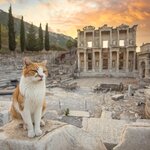 A cat in front of the UNESCO World Heritage Site of Ephesus, an important city through different historical periods