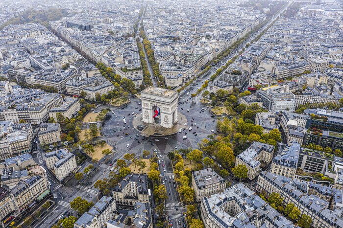 An aerial view of Paris' Arc de Triomphe
