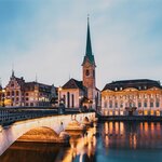 Zürich city center with Fraumunster and Grossmunster Churches and River Limmat