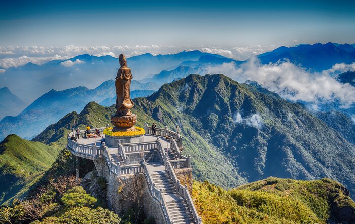 The grand statue of goddess Guanyin above the clouds at Fansipan mountain, Vietnam