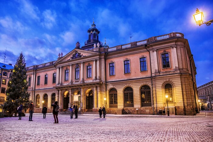 Wintertime scene at the Nobel Prize Museum in Stortorget square, Gamla Stan, Stockholm