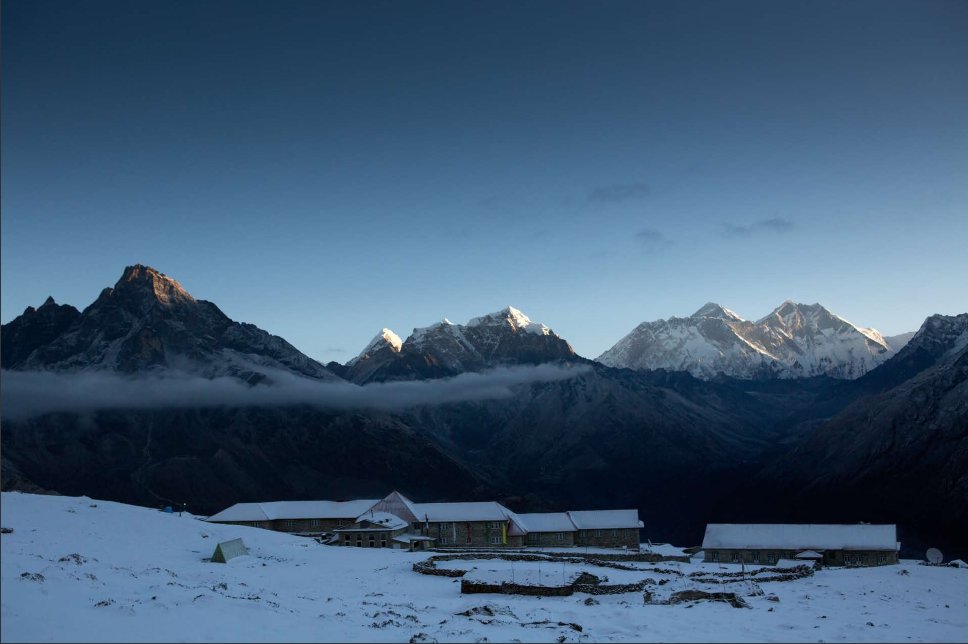 View of Mt. Everest, Lhotse, and Ama Dablam from the lodge at Kongde