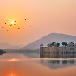 Tranquil morning at Jal Mahal Water Palace at sunrise in Jaipur