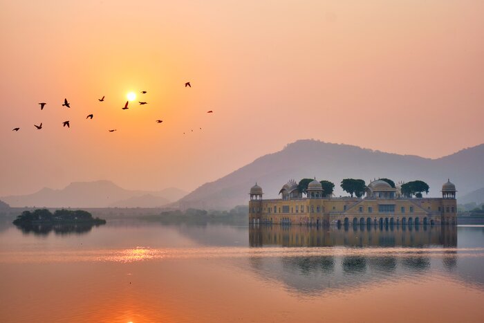 Tranquil morning at Jal Mahal Water Palace at sunrise in Jaipur