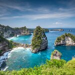 View of Nusa Batumategan and Nusa Batupadasan Island from the Atuh Rija Lima shrine on Nusa Penida Island near Bali
