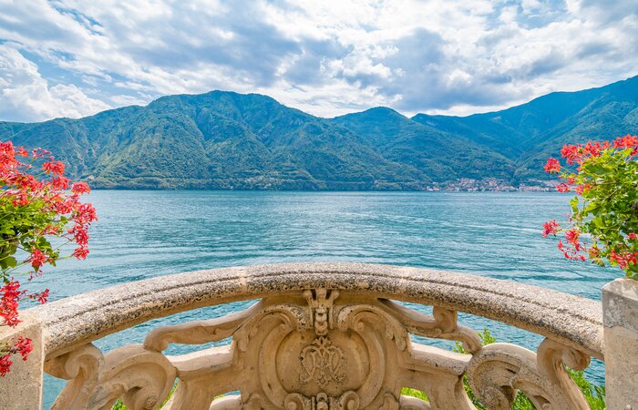 The terrace of Villa Balbianello on Lake Como in Italy