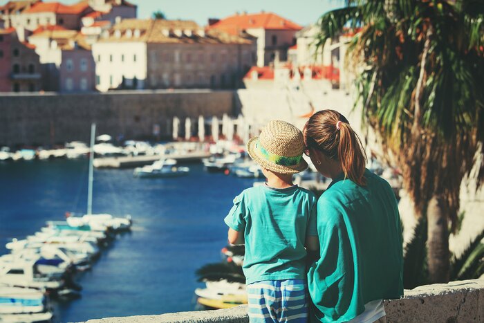 Mother and son looking at Dubrovnik, Croatia