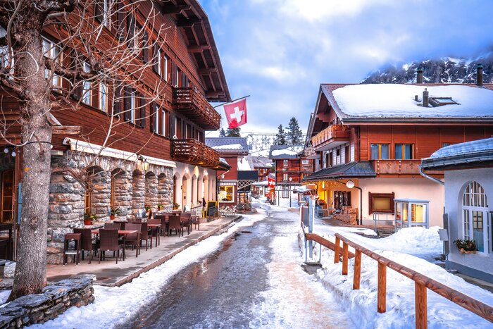 The traditional car-free Alpine village of Mürren looks idyllic in January with its snow-laden Swiss chalets