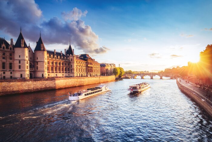 Dramatic sunset over Seine River in Paris, France