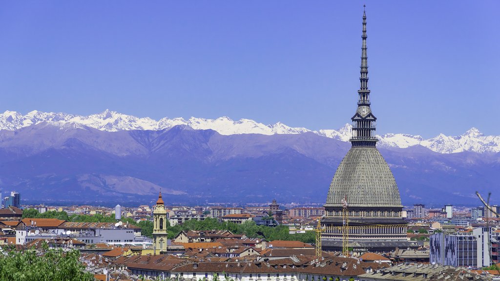 The skyline of Torino against the backdrop of the Alps