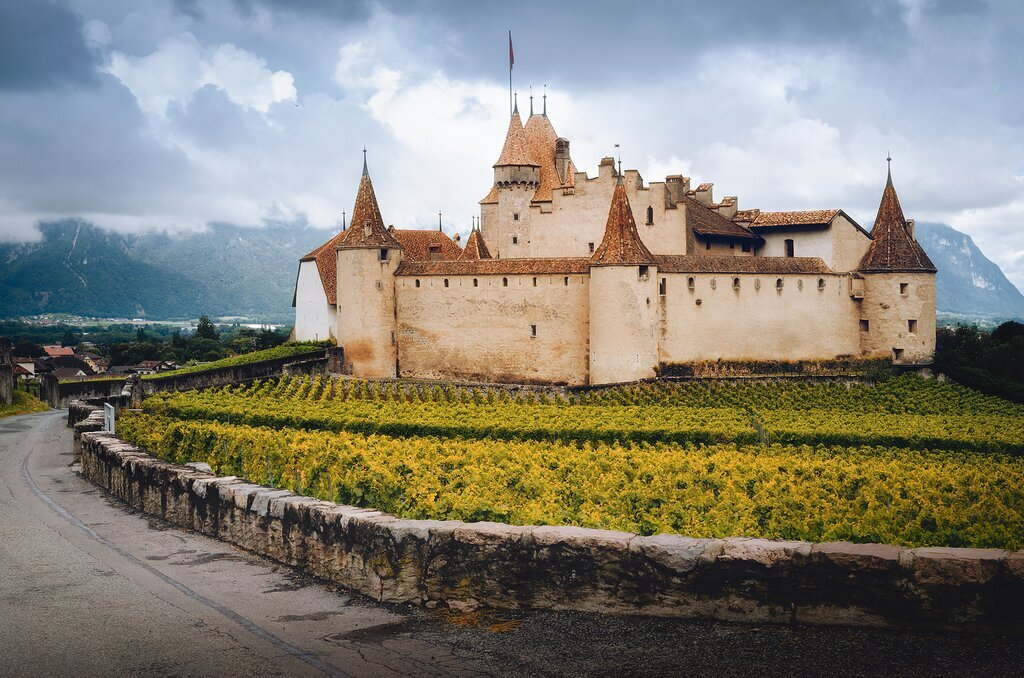 Medieval Château d'Aigle in Vaud canton at the foot of the Rhône Alps is surrounded by winemaking grapes