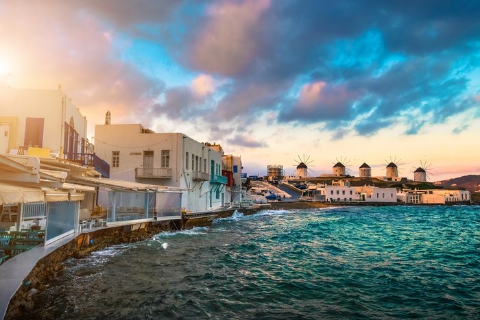 View of the famous windmills of Mykonos