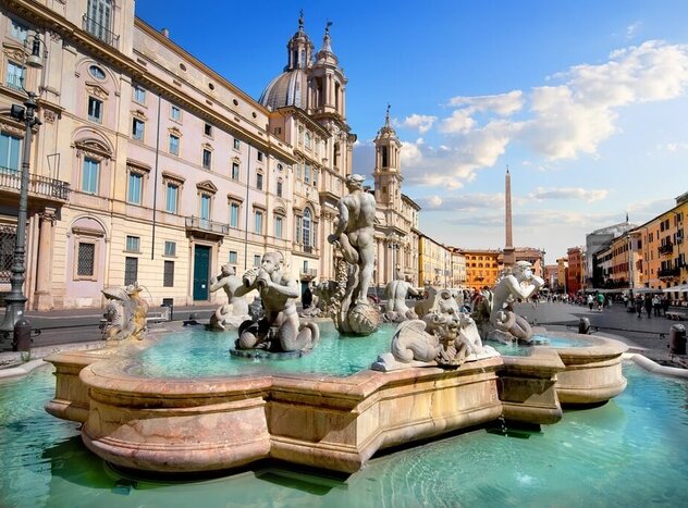 Explore Piazza Navona, famed for its Baroque architecture and fountains, like the Fountain of the Four Rivers (photo courtesy of LivTours)
