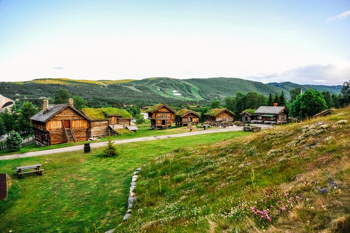 Framehouses with grass on the roof, Geilo, Norway