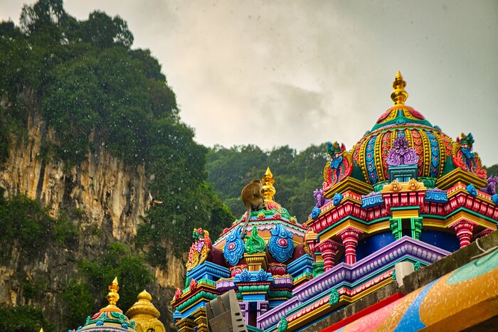 A monkey on a colorful rooftop at the Batu Caves