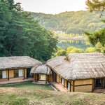Andong folk village view with traditional wooden thatched roof house in Andong, South Korea